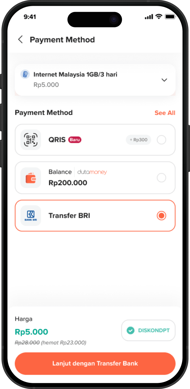 Halaman Payment Method Flip menampilkan harga Rp5.000